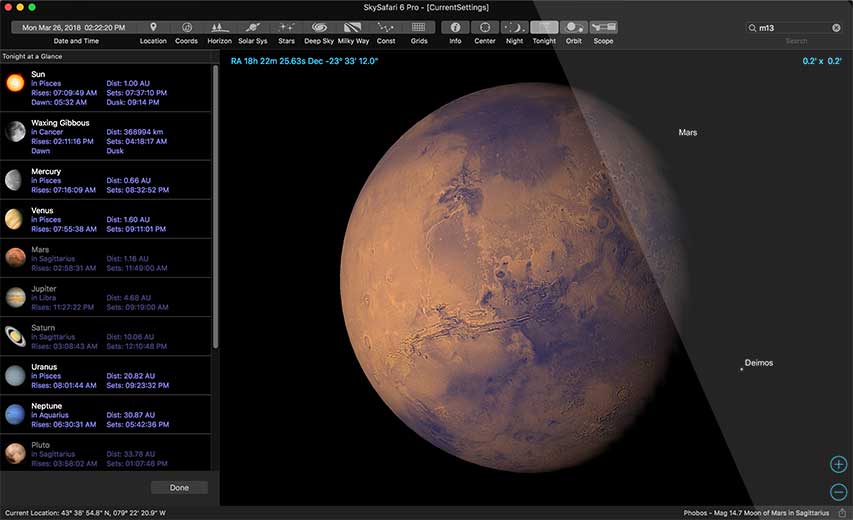 SkySafari 6 Pro Tonight At A Glance Mars Screenshot