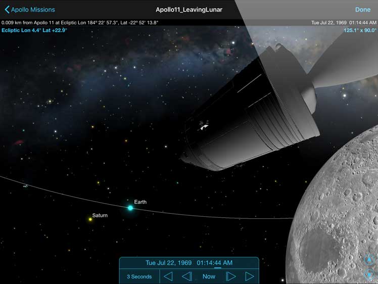 SkySafari 6 on Android with Apollo 11 return home to Earth