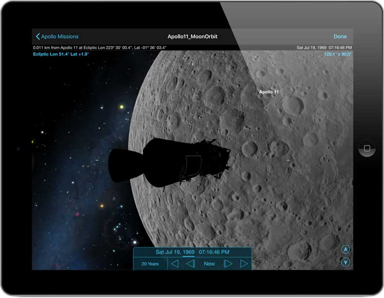 SkySafari 6 on iPad with Apollo 11 Lunar Orbit