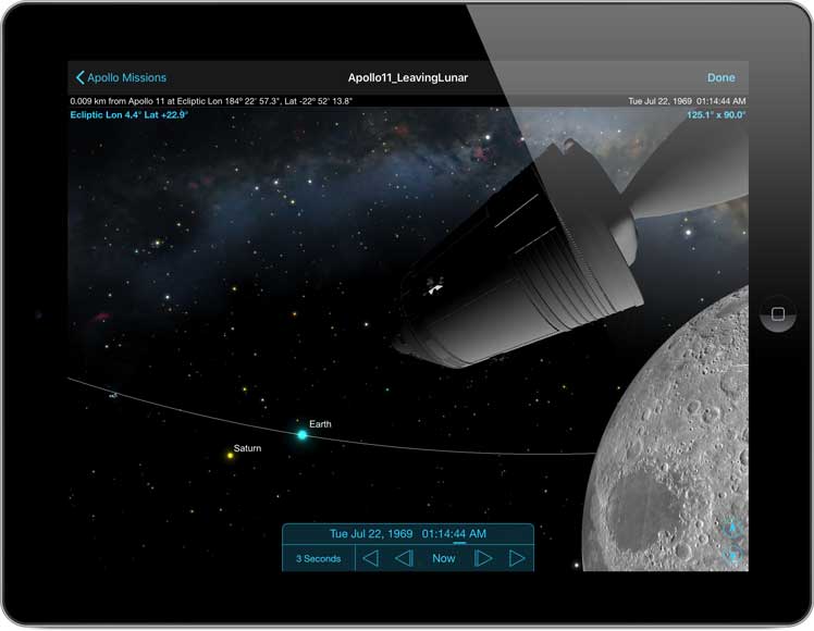 SkySafari 6 on iPad with Apollo 11 return home to Earth
